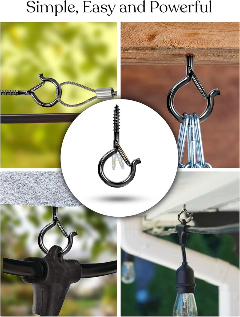 brightech String Light Screw Hooks - Ceiling Hooks for Hanging Solar, Plug-in Lights, Outdoor String Lights - Q Hooks with Safety Buckle Design for Porch, Patio - 32 Pack, Black, AMB-HKS-32 - Image 4
